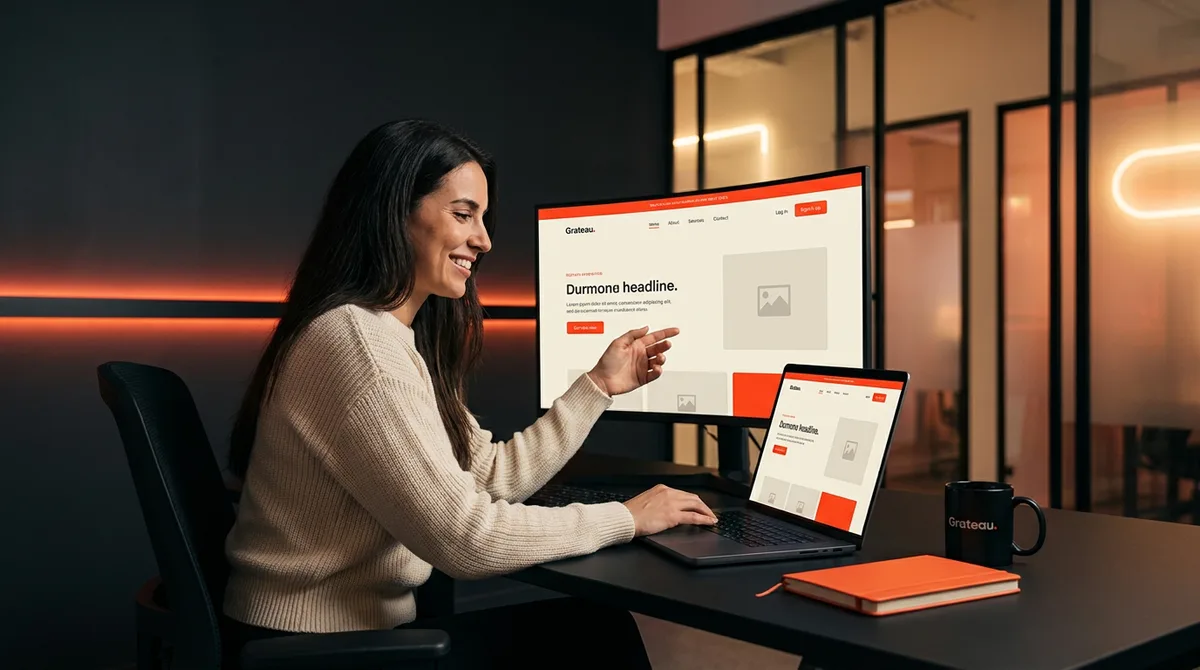 Une femme présente des exemples de sites vitrines à l'écran dans un bureau moderne