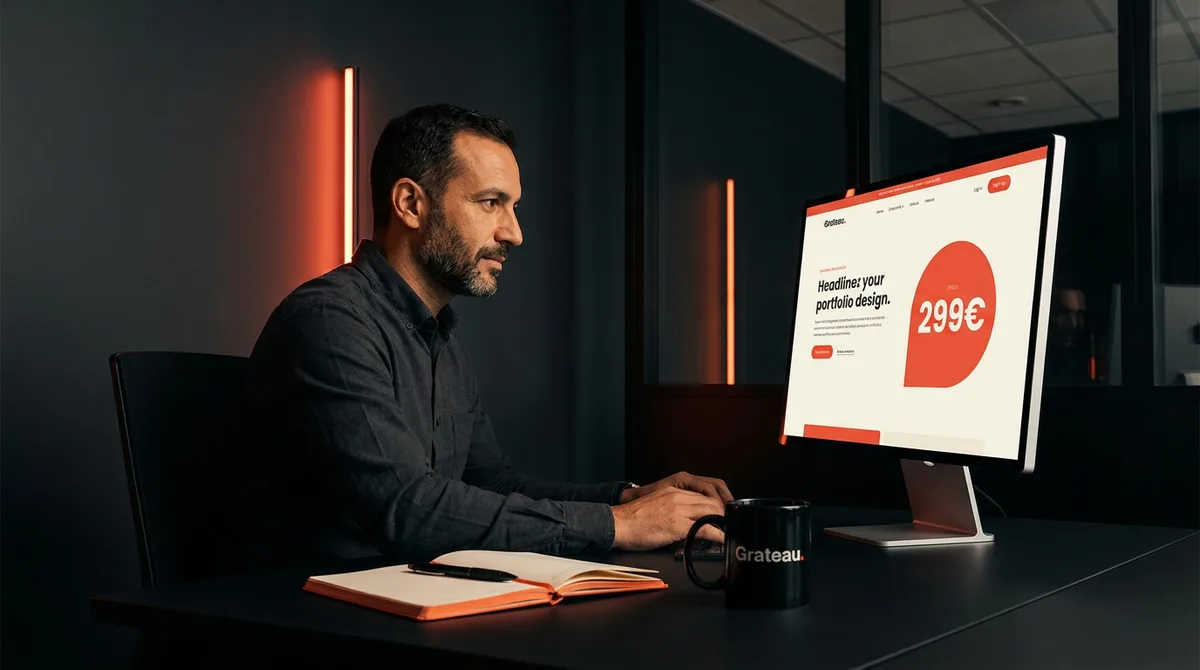 Un homme consulte le prix d'un site vitrine affiché à l'écran dans un bureau moderne