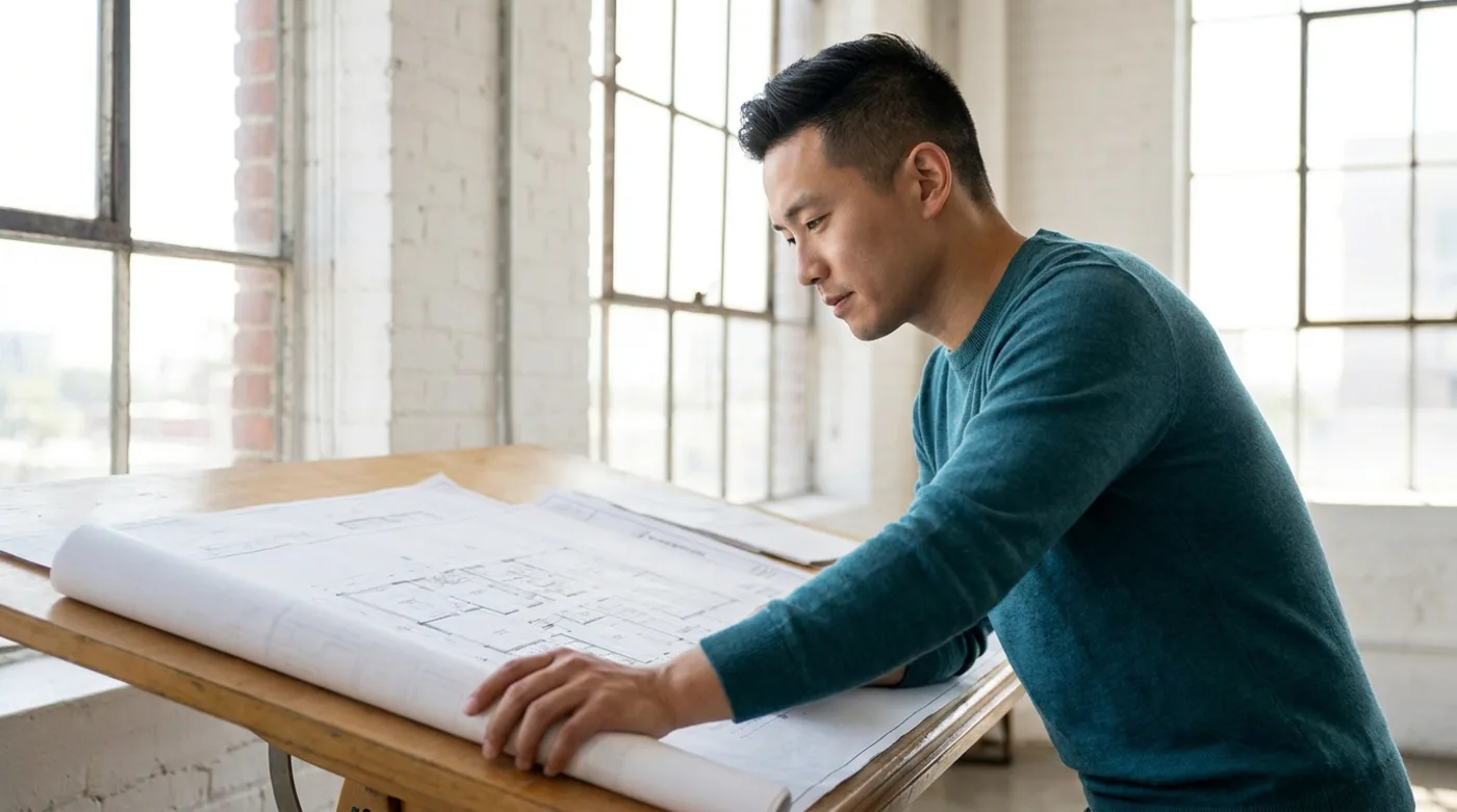 An architect studying drawings at his drafting table