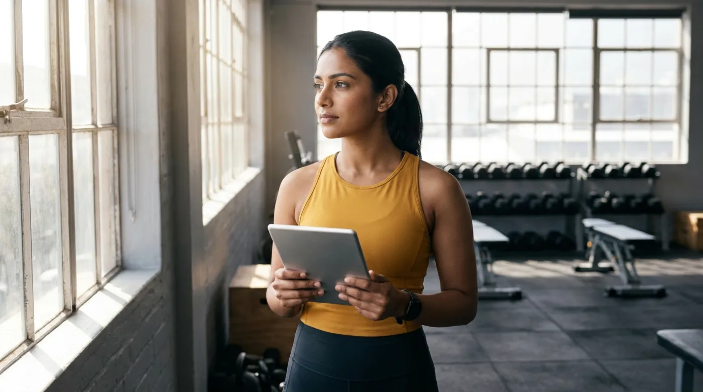 A personal trainer holding a tablet in her own studio gym