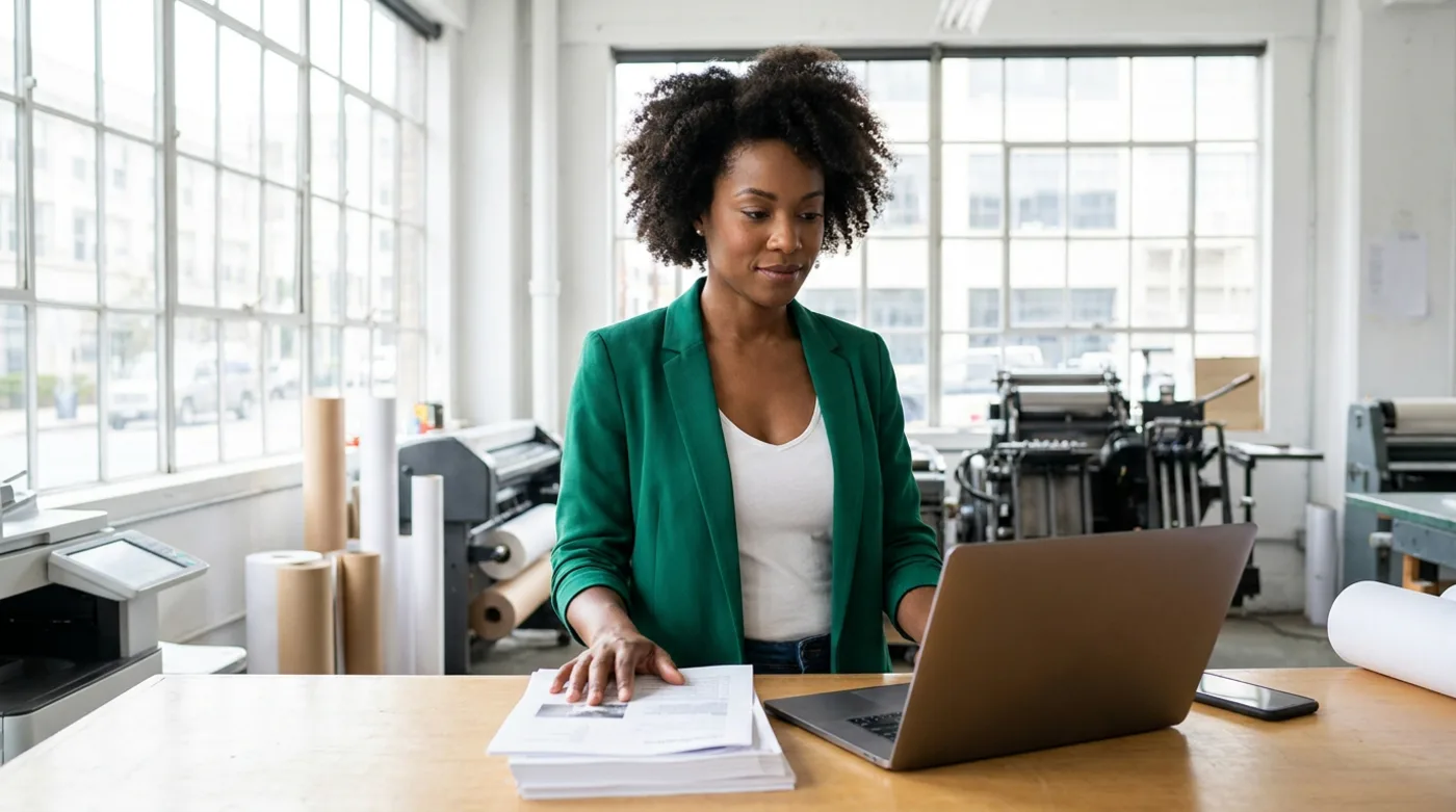 A print studio owner comparing supplier quotes next to her laptop