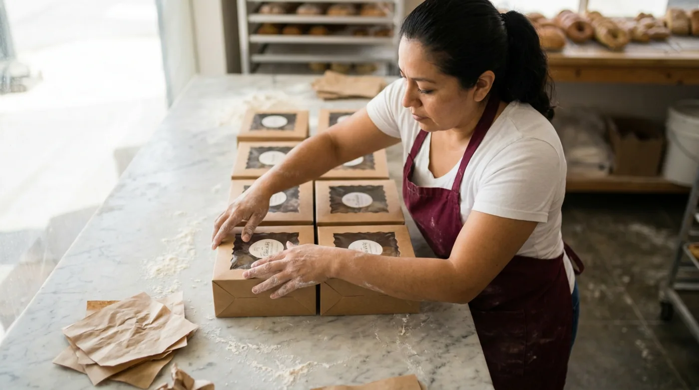 A bakery owner packing pastry boxes on a marble counter