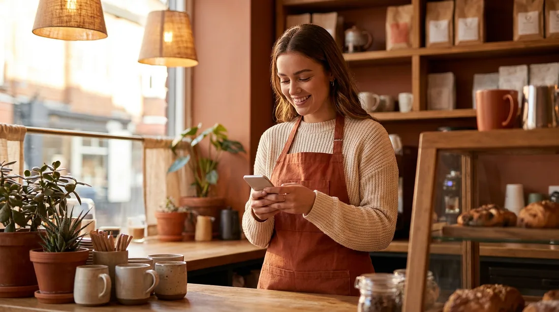 Commerçante parisienne accueillant ses clients grâce à un site vitrine bien référencé localement