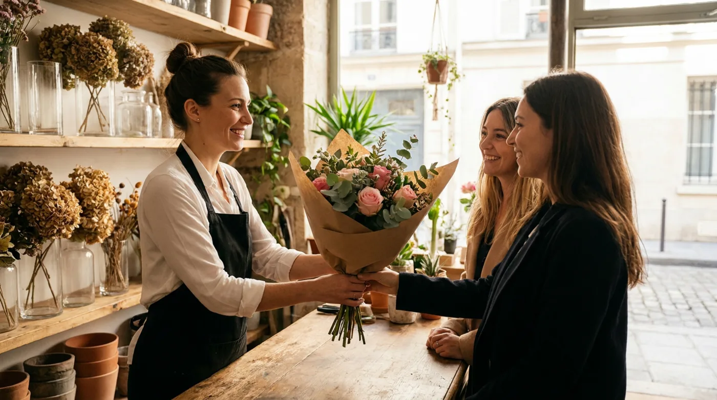 Professionnelle parisienne recevant une cliente internationale dans son commerce