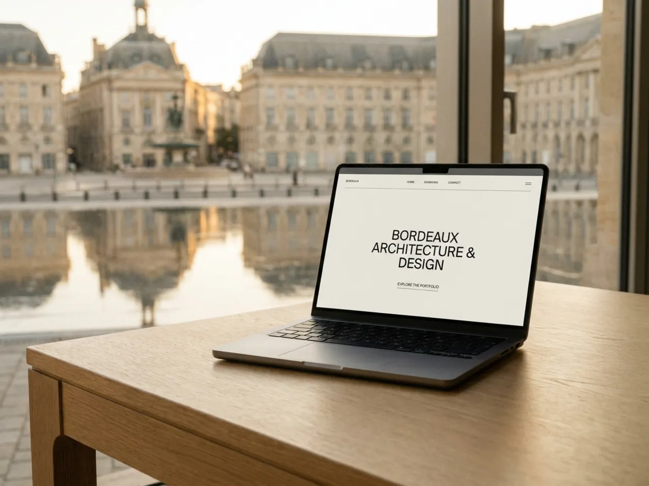 Agence web à Bordeaux : ordinateur portable présentant un site vitrine créé par Grateau Agency, devant la Place de la Bourse