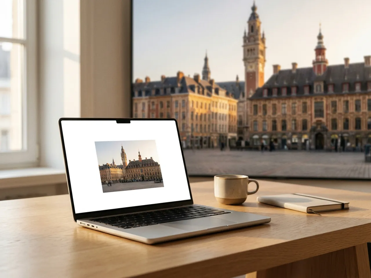 Agence web à Lille : ordinateur portable présentant un site vitrine créé par Grateau Agency, devant la Grand Place et le beffroi de Lille