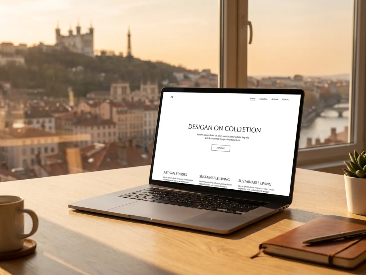 Agence web à Lyon : ordinateur portable présentant un site vitrine créé par Grateau Agency, avec la colline de Fourvière et la Presqu'île en arrière-plan