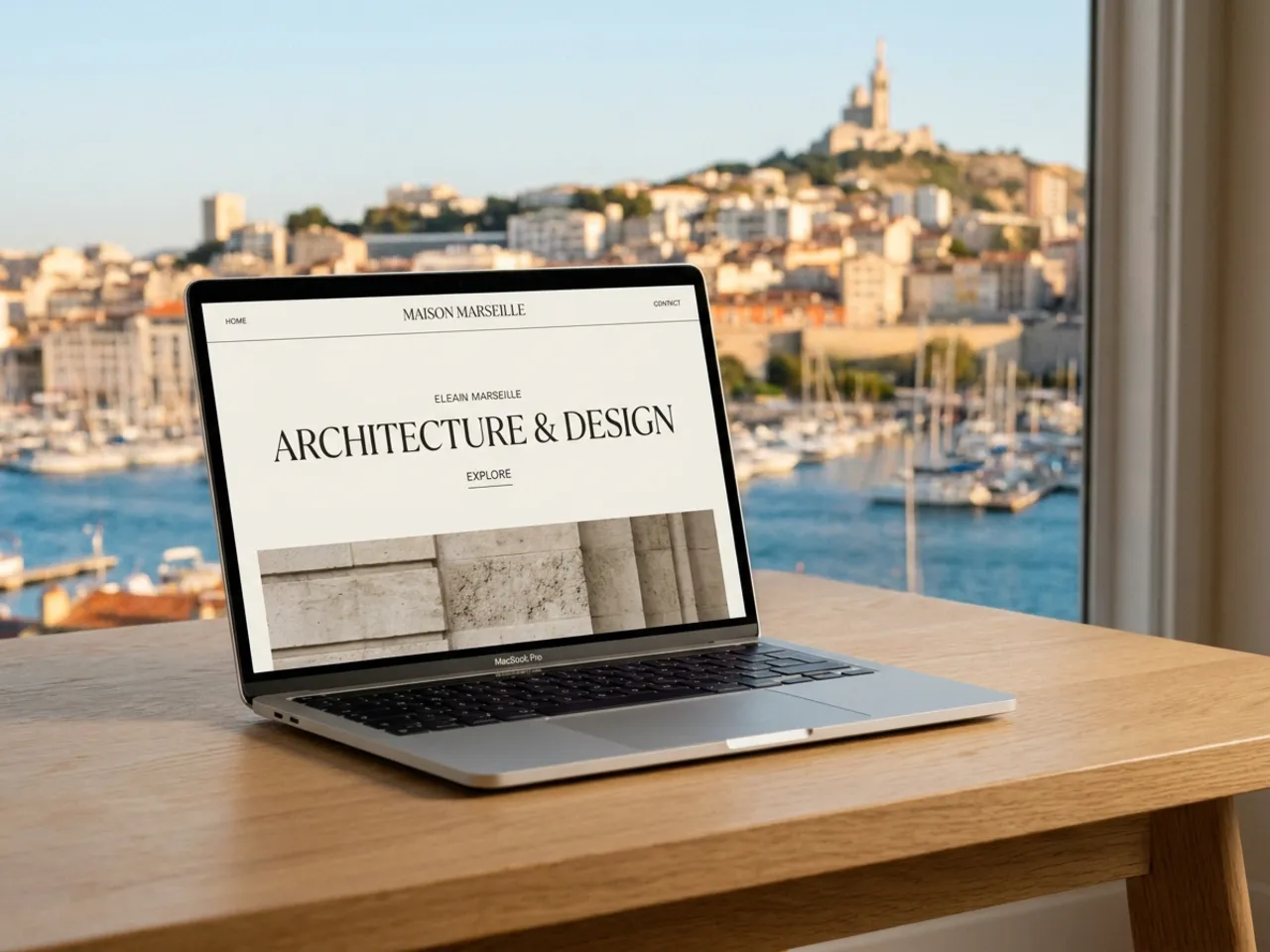 Agence web à Marseille : ordinateur portable présentant un site vitrine créé par Grateau Agency, devant le Vieux-Port de Marseille et Notre-Dame de la Garde