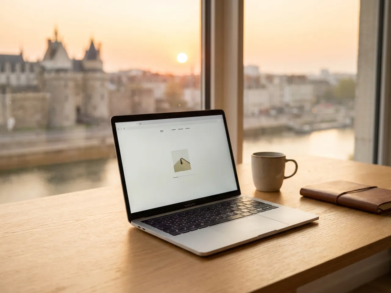 Agence web à Nantes : ordinateur portable présentant un site vitrine créé par Grateau Agency, devant les quais de la Loire et l'île de Nantes