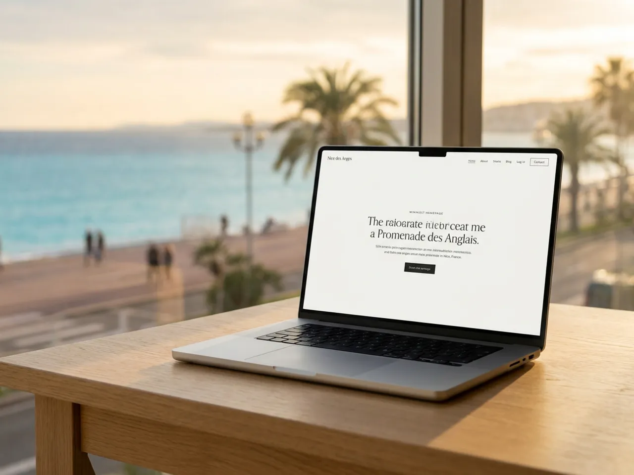 Agence web à Nice : site vitrine créé par Grateau Agency présenté devant la Promenade des Anglais et la Baie des Anges, ambiance lumineuse de la Côte d'Azur