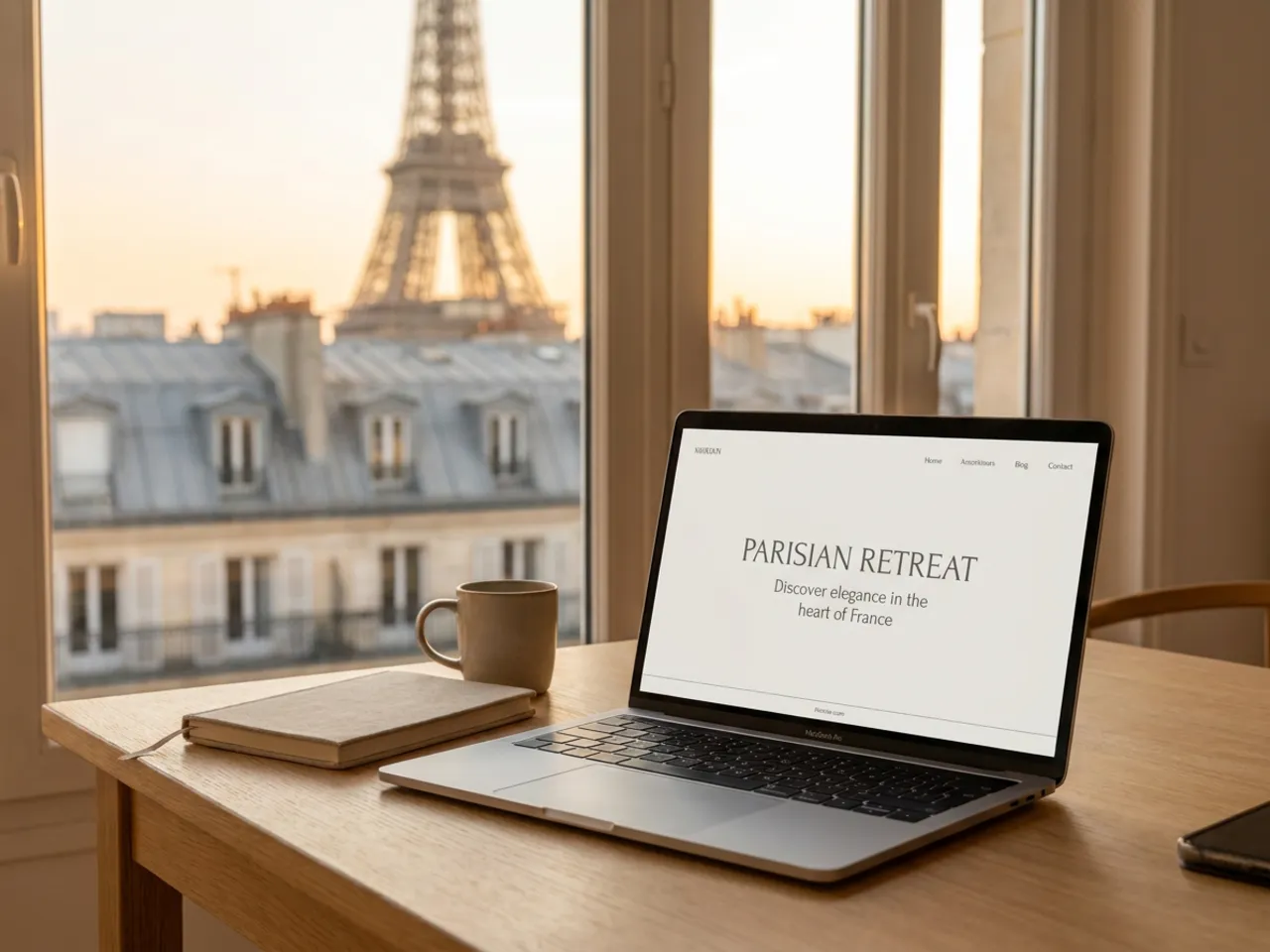 Agence web à Paris : ordinateur portable présentant un site vitrine créé par Grateau Agency, devant les immeubles haussmanniens et les toits de Paris